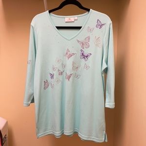 3/4 sleeve longer tee with stitch and rhinestone detail